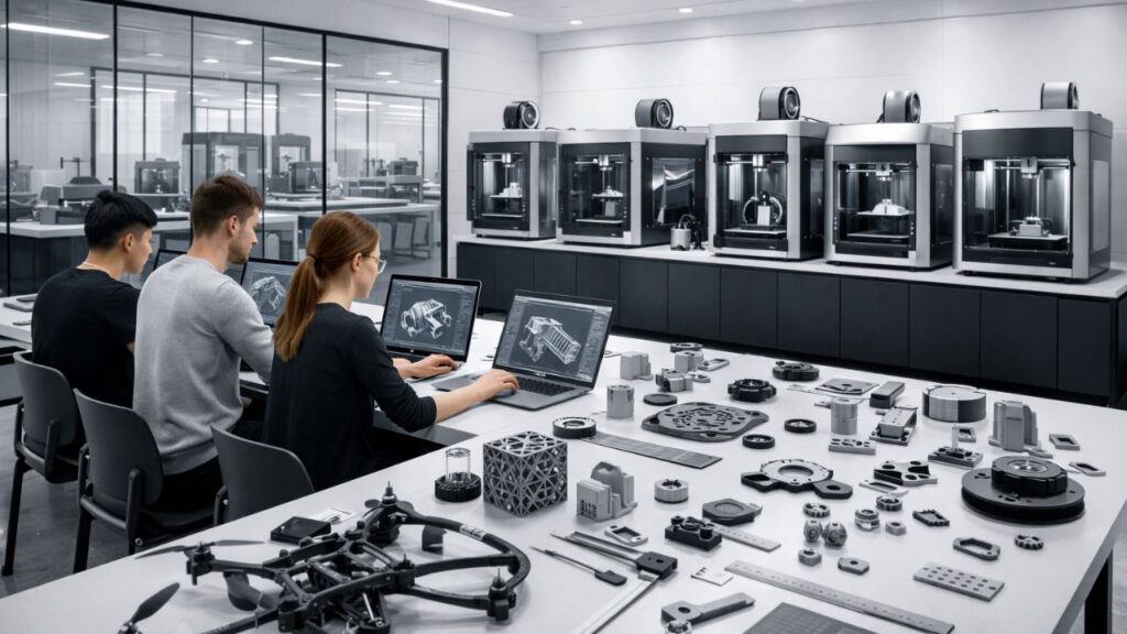 University makerspace with multiple 3D printers and engineering prototypes used for student innovation projects