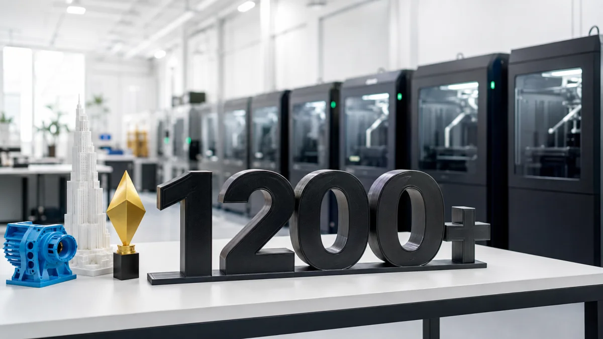 3D printed "1200+" milestone sign at Orbit3D Dubai with an architectural tower model, golden trophy and blue prototype part in front of the 100+ printer farm
