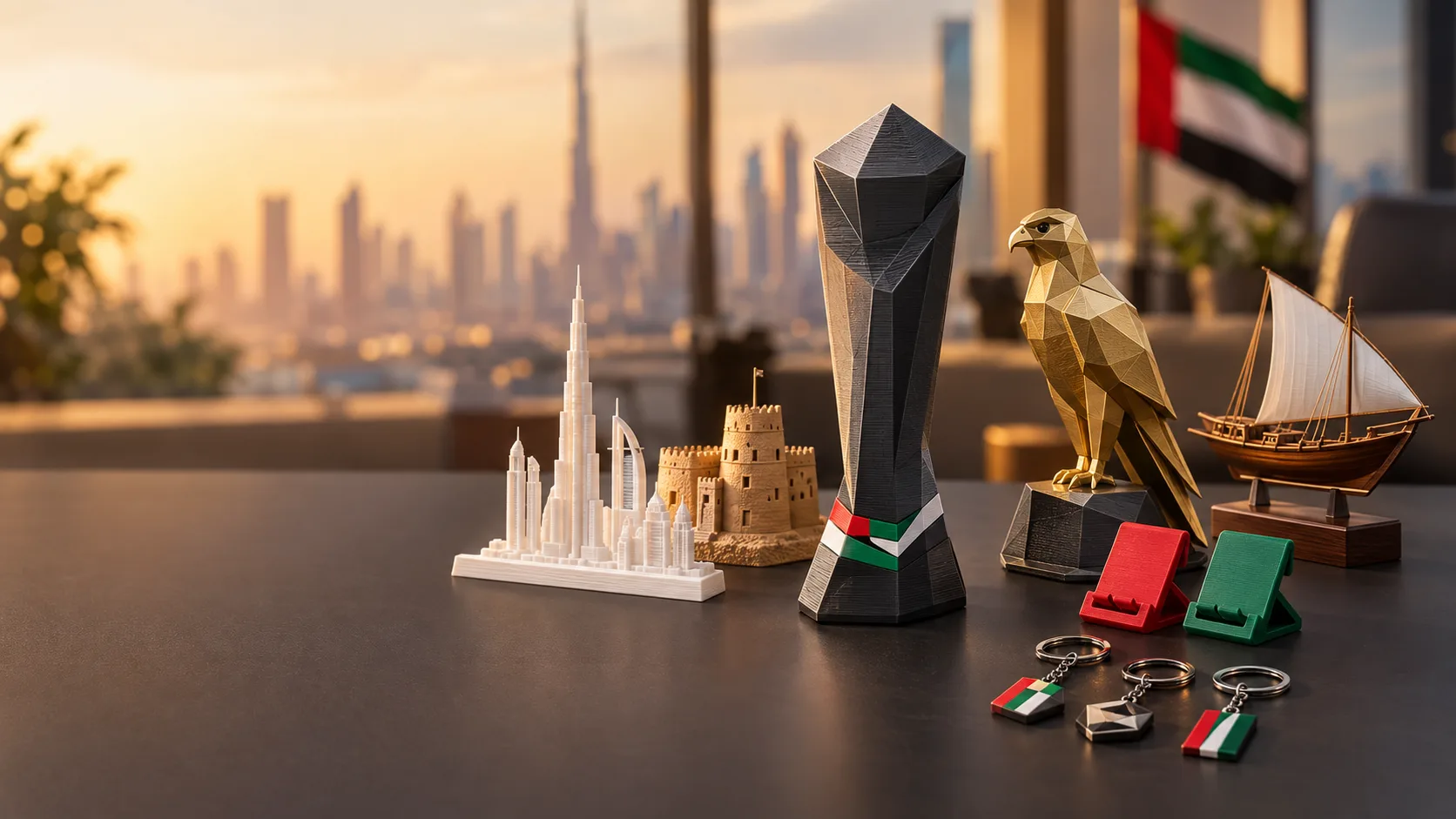 3D-printed UAE National Day corporate gifts and trophies in red, green, white and black made by Orbit3D in Dubai