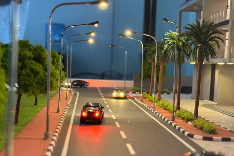 3D printed urban road infrastructure scale model at night