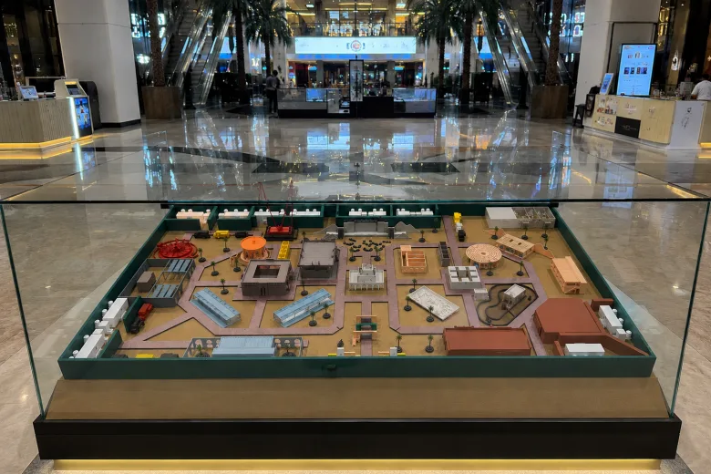 3D printed architectural showcase model in a display case, Dubai