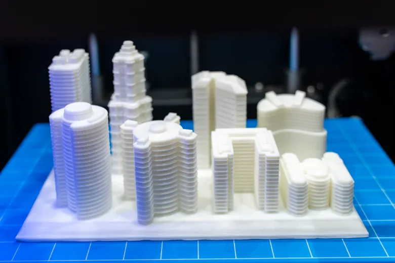 Architectural city model in white, printed to scale for a developer pitch — Orbit3D, UAE