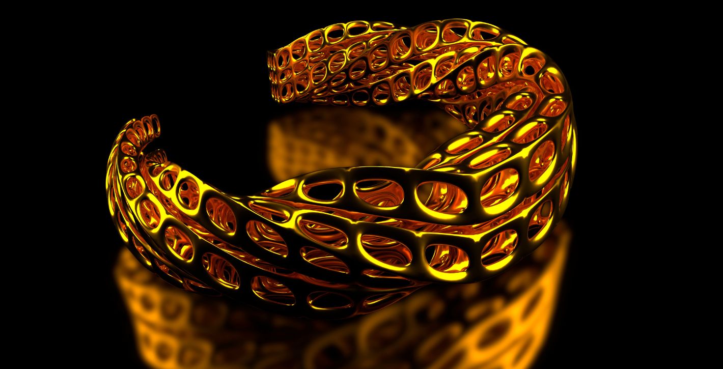 Gold 3D printed parametric lattice bracelet with intricate openwork detail by Orbit3D Dubai